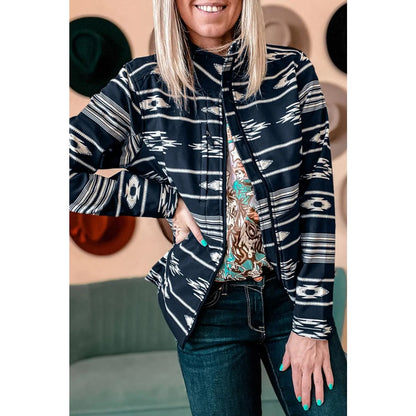 Black Western Aztec Print Zipped Jacket | Fashionfitz