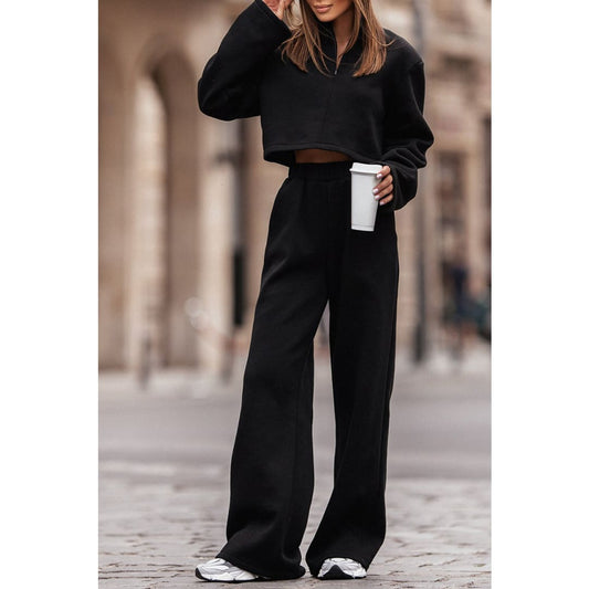 Black Zipped Collared Crop Top and Wide Leg Pants Set | Fashionfitz