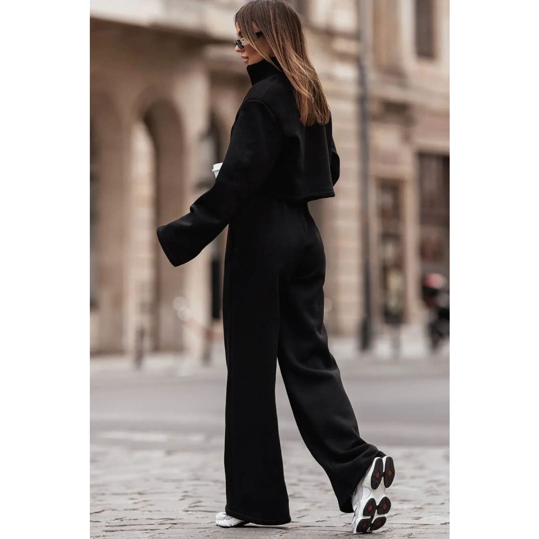 Black Zipped Collared Crop Top and Wide Leg Pants Set | Fashionfitz