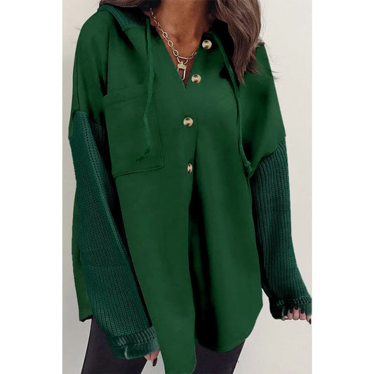 Blackish Green Button Up Contrast Knitted Sleeves Hooded Jacket | Fashionfitz