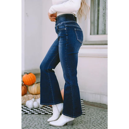 Blue Buttons Elastic Wide Waistband Back Flare Jeans | Fashionfitz