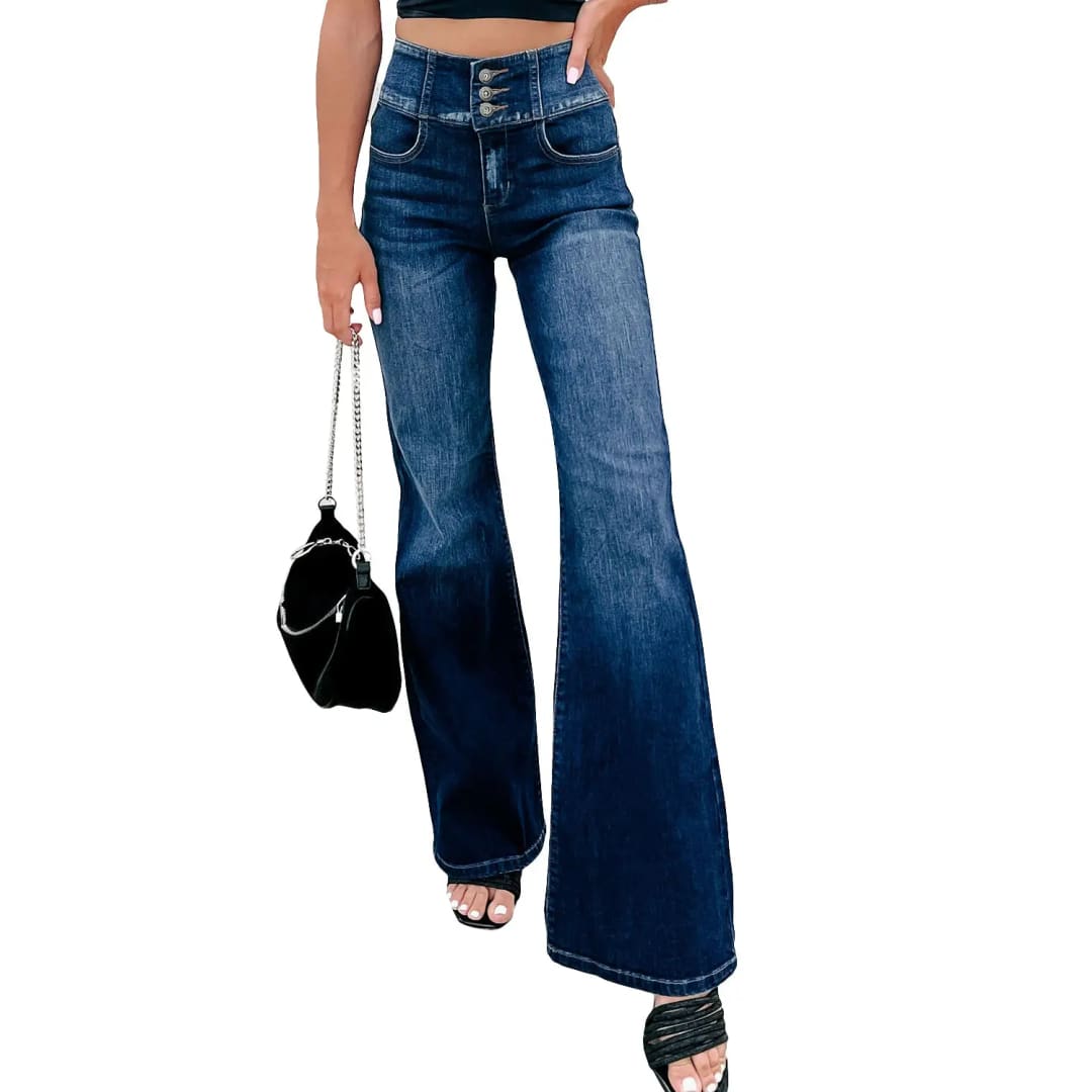 Blue Buttons Elastic Wide Waistband Back Flare Jeans | Fashionfitz