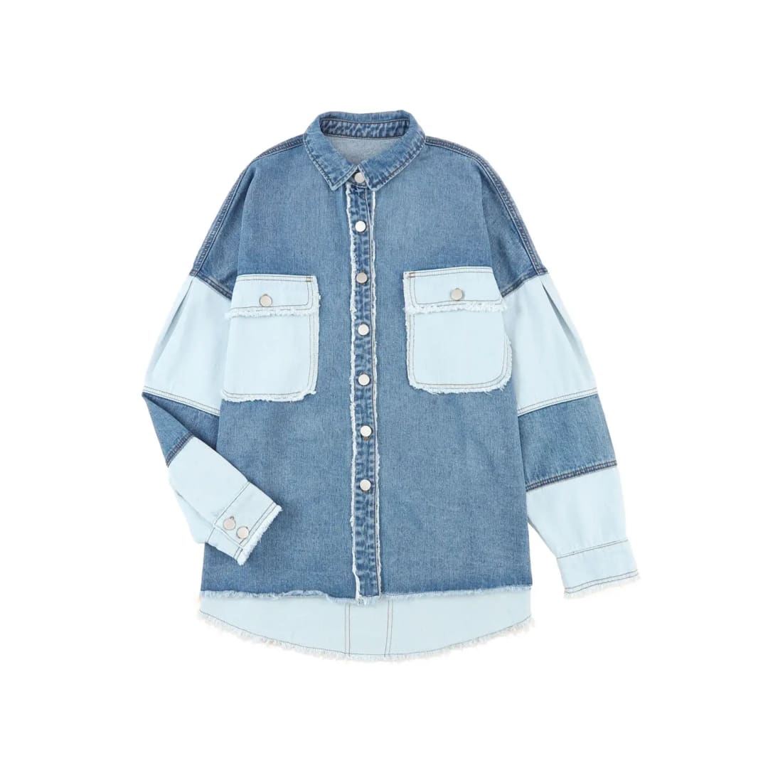 Blue Color Block Frayed Patchwork Oversize Denim Jacket | Fashionfitz