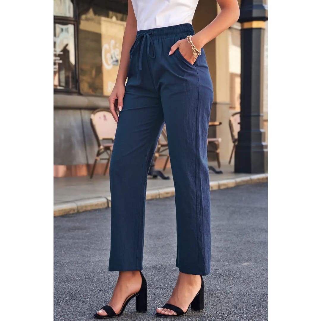 Blue Drawstring Elastic Waist Pockets Long Straight Legs Pants | The Urban Clothing Shop™