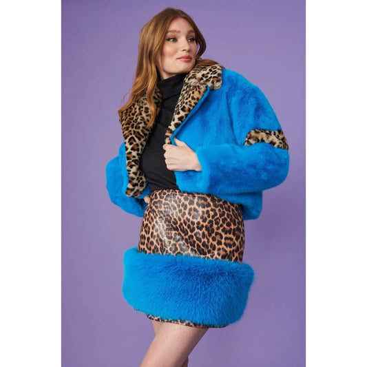 Blue Faux Fur Cropped Jacket With Leopard Print Collar | Buy Me Fur Ltd