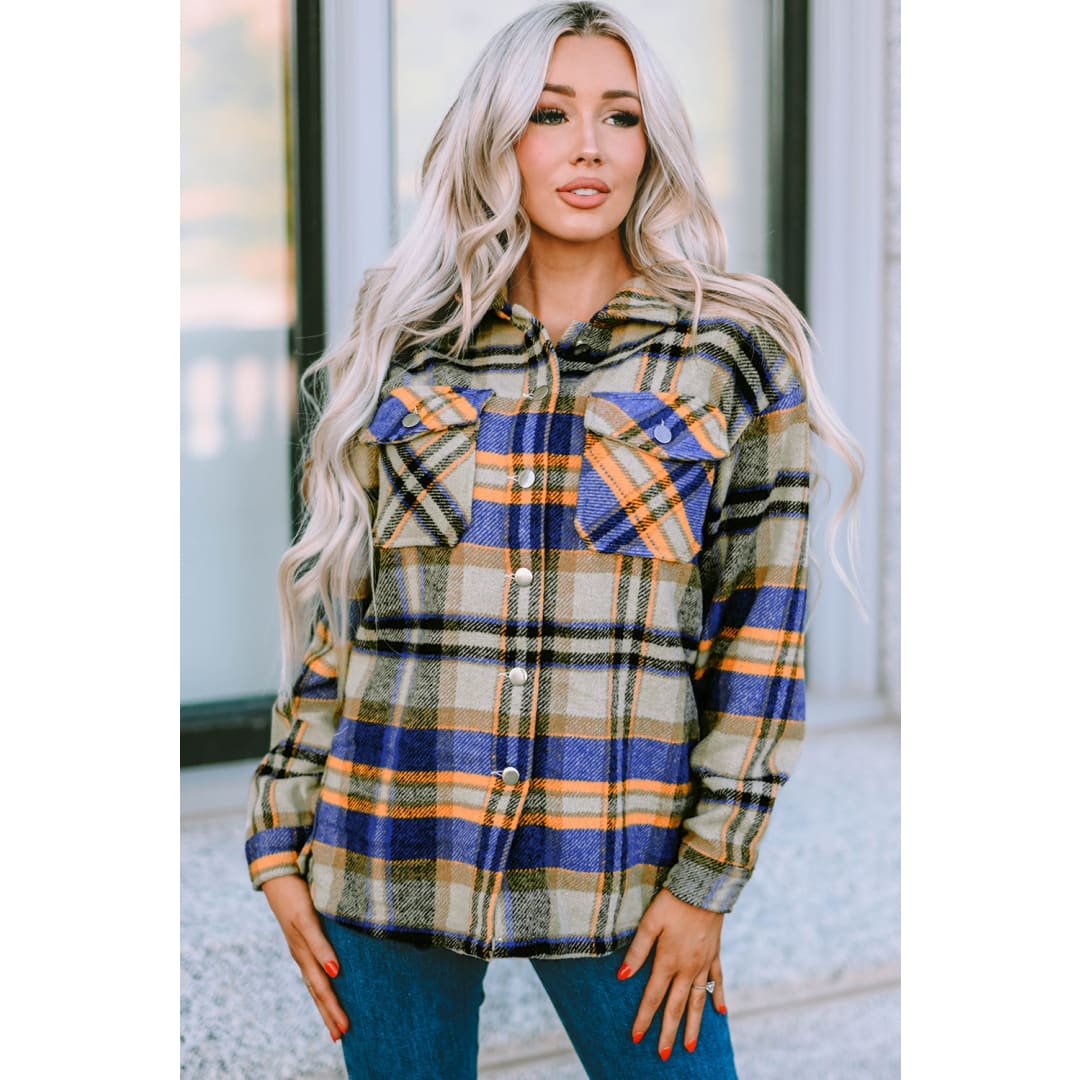 Blue Geometric Plaid Print Pocketed Shacket | DropshipClothes