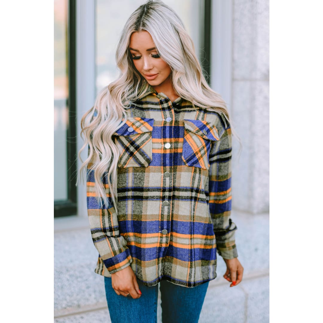 Blue Geometric Plaid Print Pocketed Shacket | DropshipClothes