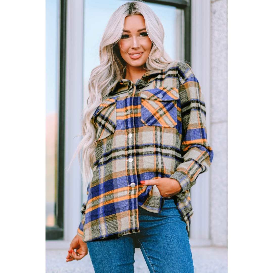 Blue Geometric Plaid Print Pocketed Shacket | DropshipClothes