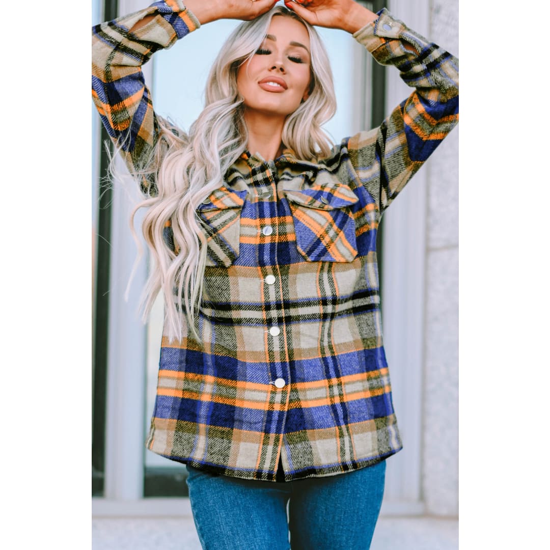 Blue Geometric Plaid Print Pocketed Shacket | DropshipClothes