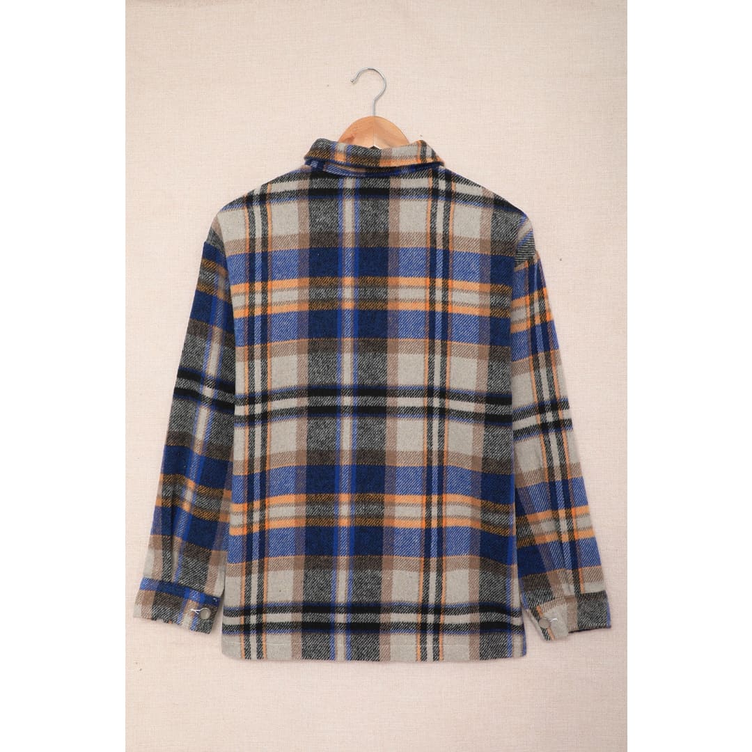 Blue Geometric Plaid Print Pocketed Shacket | DropshipClothes