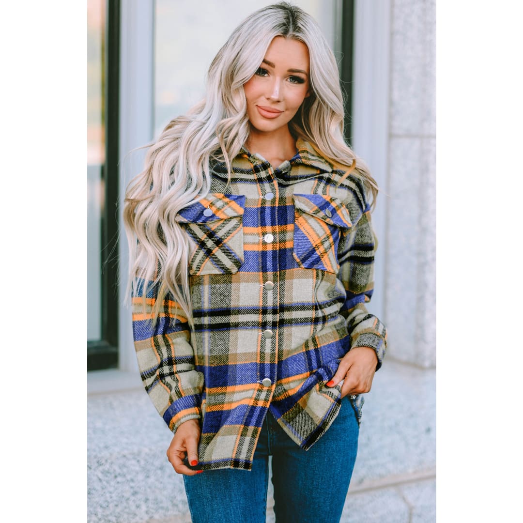 Blue Geometric Plaid Print Pocketed Shacket | DropshipClothes