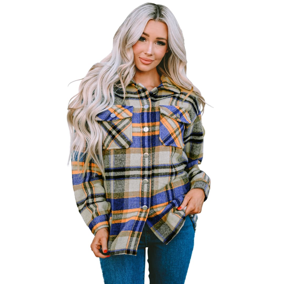 Blue Geometric Plaid Print Pocketed Shacket | DropshipClothes