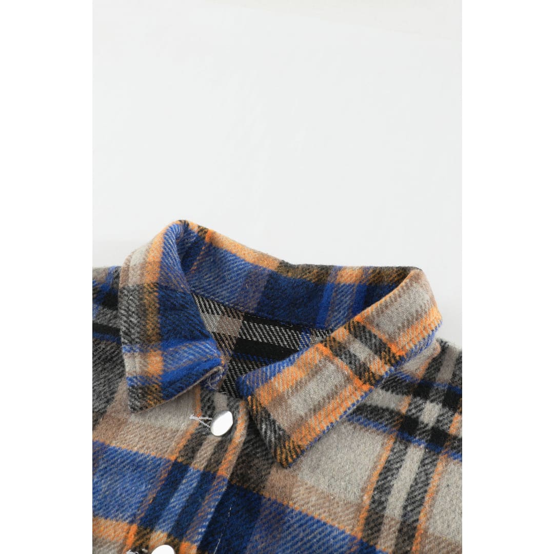 Blue Geometric Plaid Print Pocketed Shacket | DropshipClothes