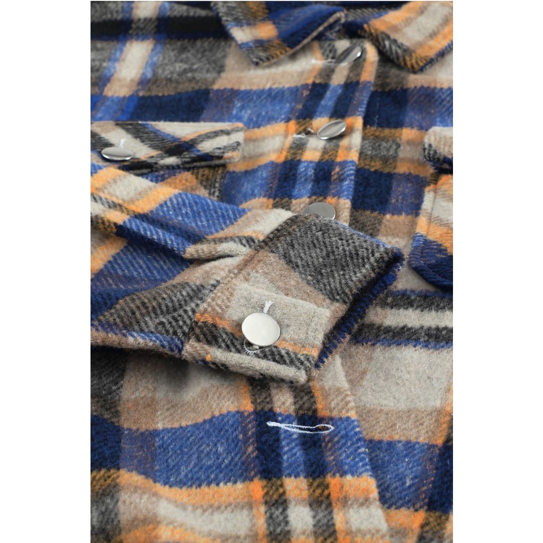 Blue Geometric Plaid Print Pocketed Shacket | DropshipClothes