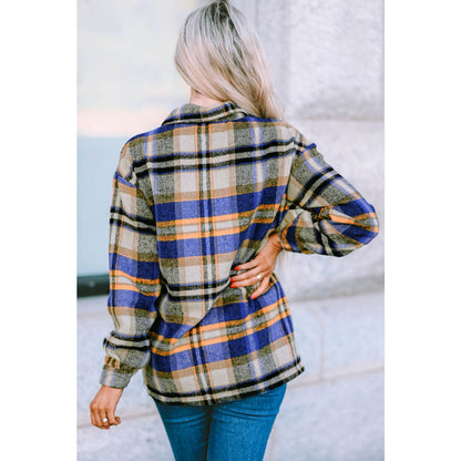 Blue Geometric Plaid Print Pocketed Shacket | DropshipClothes