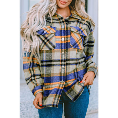 Blue Geometric Plaid Print Pocketed Shacket | DropshipClothes