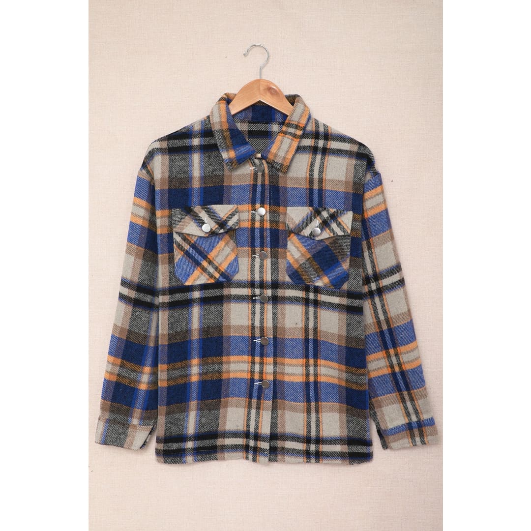 Blue Geometric Plaid Print Pocketed Shacket | DropshipClothes