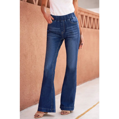 Blue High Rise Elastic Waist Flare Jeans | Fashionfitz