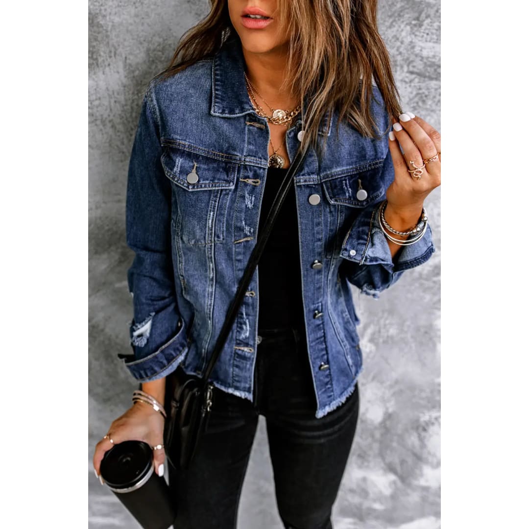 Blue Lapel Distressed Raw Hem Buttons Denim Jacket | Fashionfitz