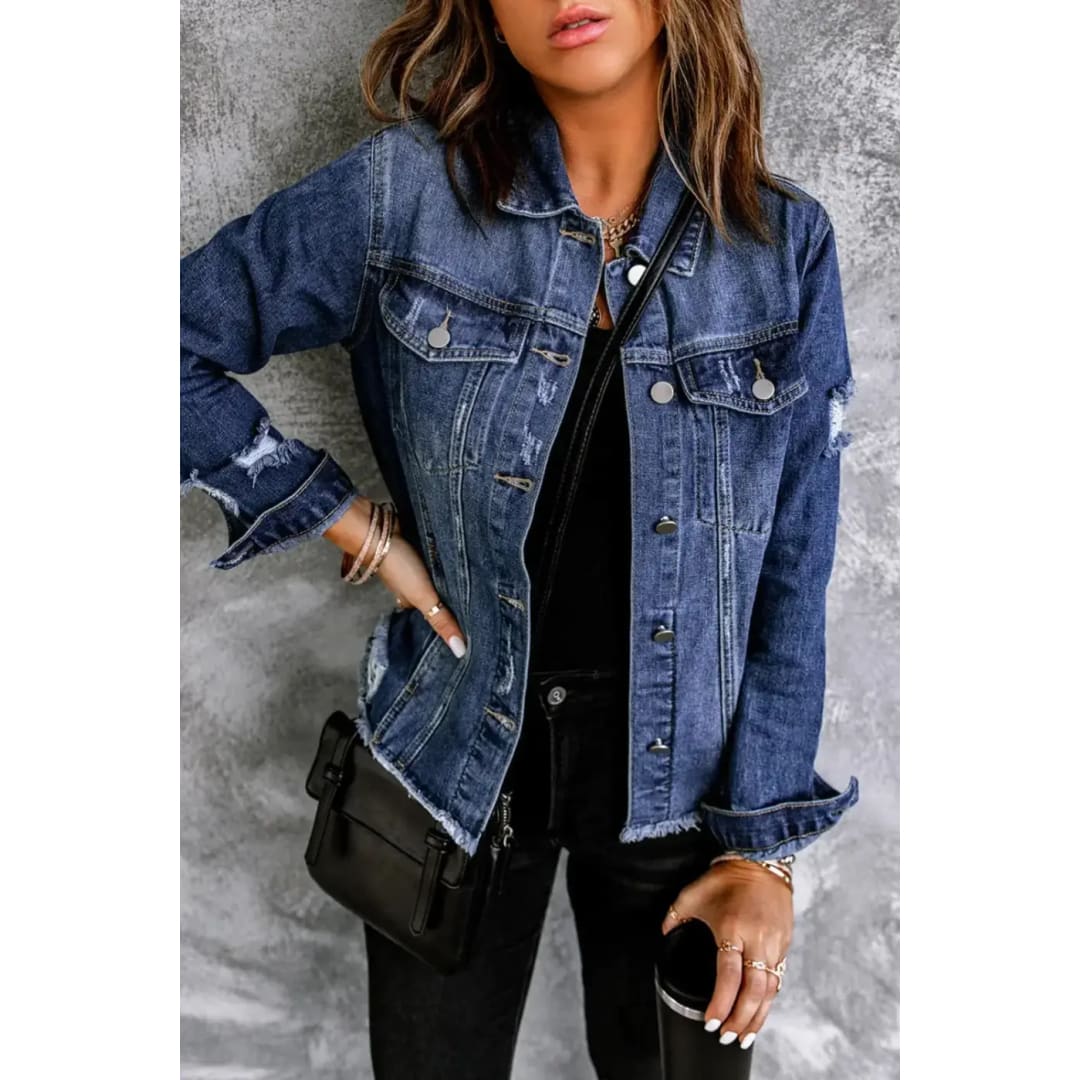 Blue Lapel Distressed Raw Hem Buttons Denim Jacket | Fashionfitz