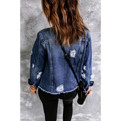 Blue Lapel Distressed Raw Hem Buttons Denim Jacket | Fashionfitz