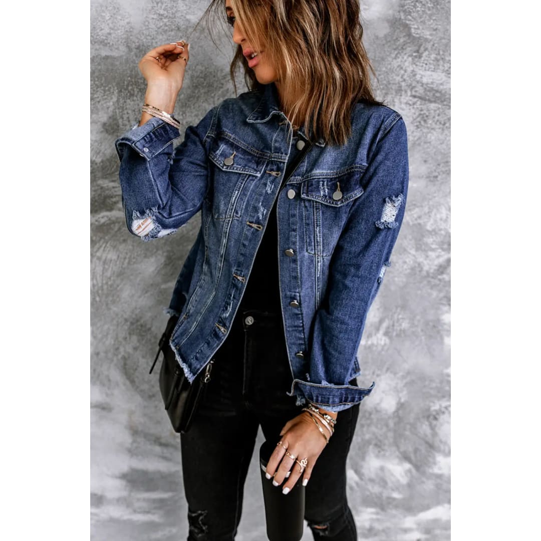 Blue Lapel Distressed Raw Hem Buttons Denim Jacket | Fashionfitz