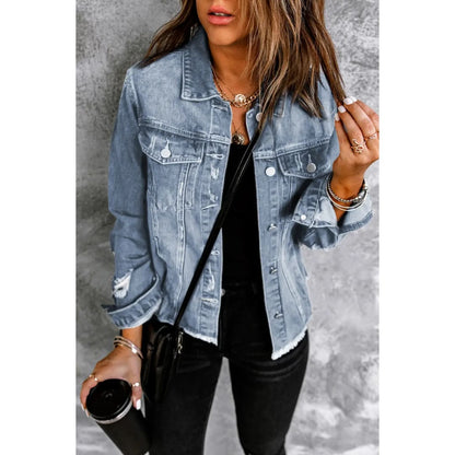 Blue Lapel Distressed Raw Hem Buttons Denim Jacket | Fashionfitz