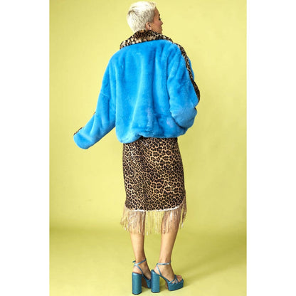 Blue and Leopard Print Faux Fur Coat | Buy Me Fur Ltd