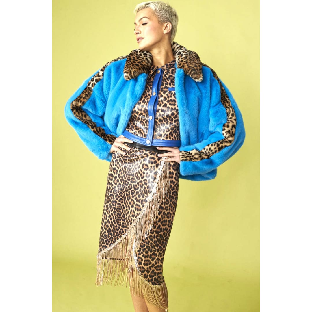 Blue and Leopard Print Faux Fur Coat | Buy Me Fur Ltd