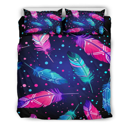 Blue Pink Feather Bohemian Bedding Set | The Urban Clothing Shop™