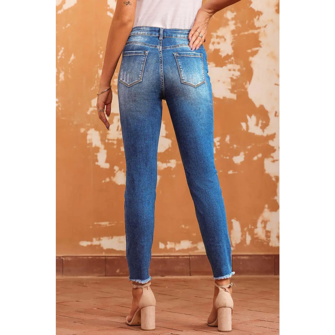 Blue Raw Hem Ankle-length Skinny Jeans | Fashionfitz