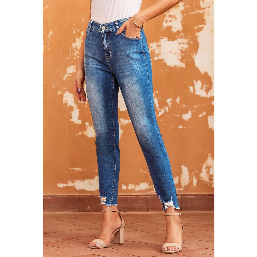 Blue Raw Hem Ankle-length Skinny Jeans | Fashionfitz