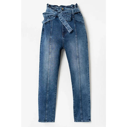 Blue Seamed Stitching High Waist Knot Skinny Jeans | Fashionfitz