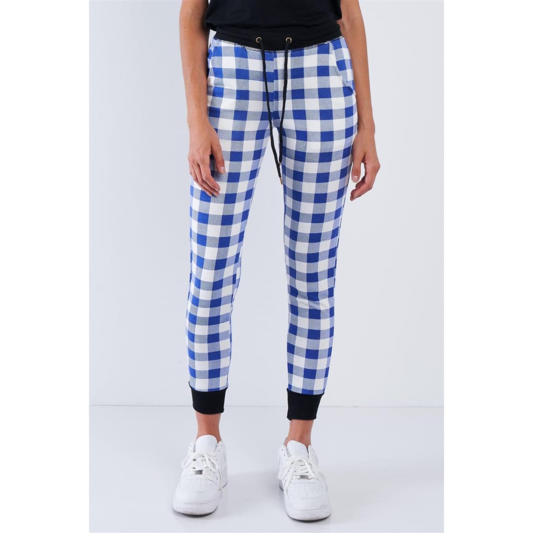 Blue And White Checkered Fitted Jogger Sweat Pants | Dropship