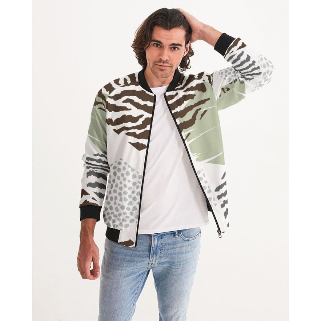 Bomber Jacket For Men Brown And Green Geometric Pattern | IKIN | inQue.Style