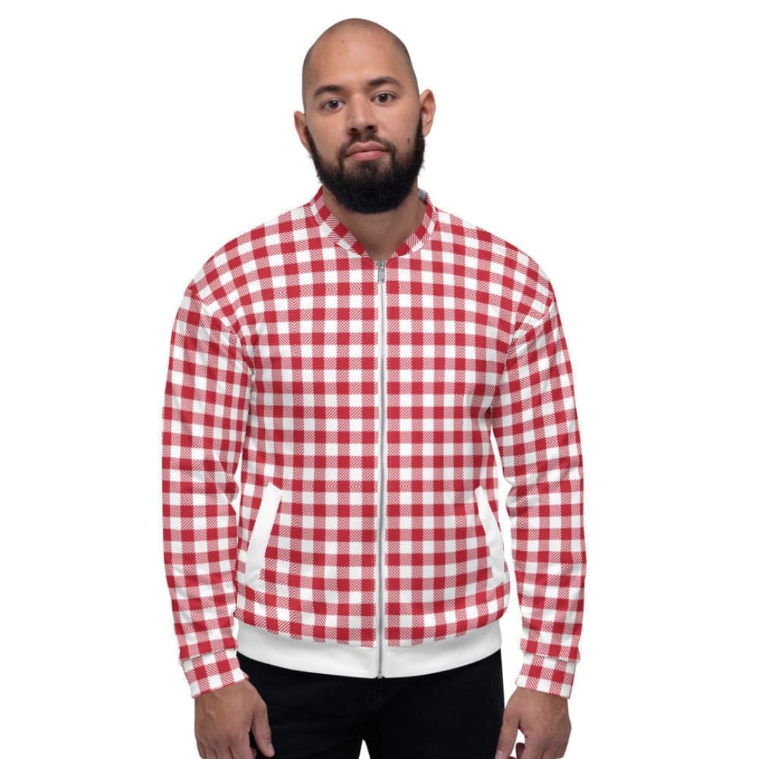 Bomber Jacket For Men Buffalo Plaid Red And White Stripe Pattern | IPFL | inQue.Style