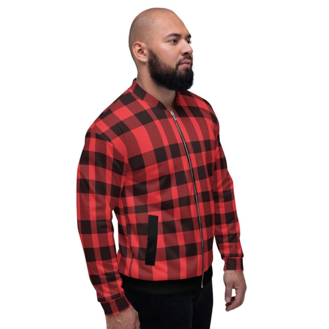 Bomber Jacket For Men Red And Black Plaid Colorblock Pattern | IPFL | inQue.Style