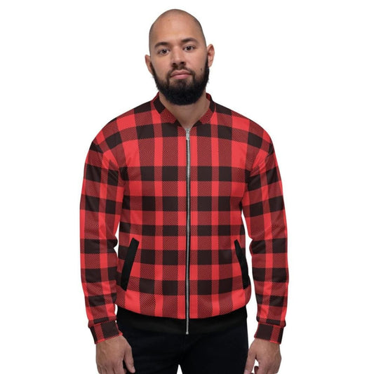 Bomber Jacket For Men Red And Black Plaid Colorblock Pattern | IPFL | inQue.Style
