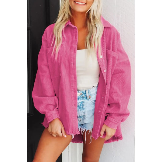 Bright Pink Corded Dual Chest Pocket Raw Hem Shacket | Fashionfitz