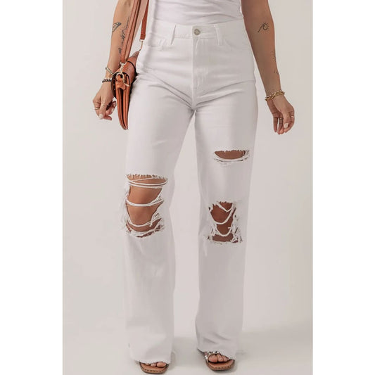 Bright White Heavy Distressed Straight Leg Jeans | Fashionfitz