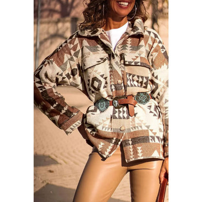 Brown Aztec Print Flap Pocket Button-up Jacket | Fashionfitz