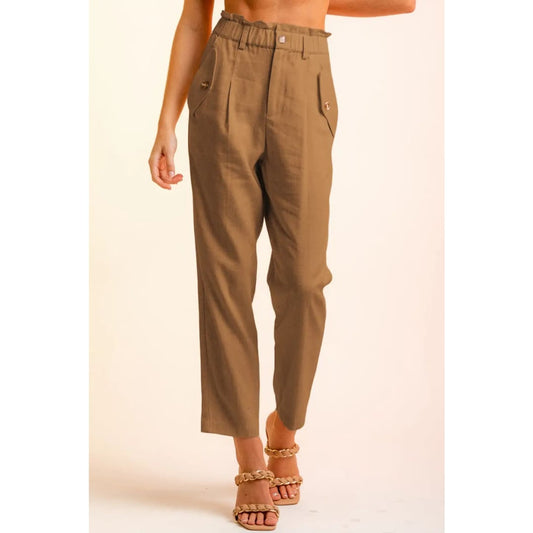 Brown Button Flap Pocket High Waisted Linen Pants | Fashionfitz