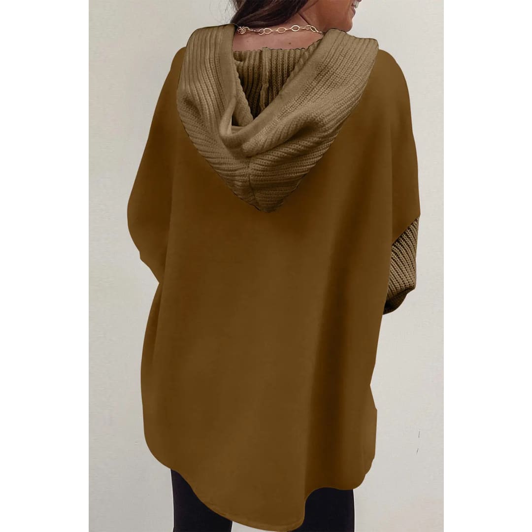 Brown Button Up Contrast Knitted Sleeves Hooded Jacket | Fashionfitz