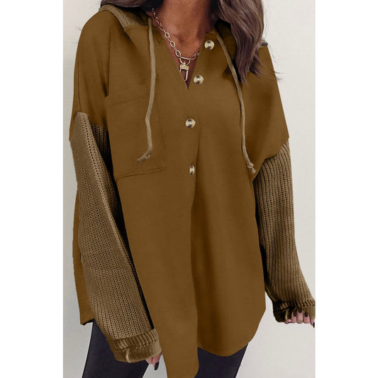 Brown Button Up Contrast Knitted Sleeves Hooded Jacket | Fashionfitz
