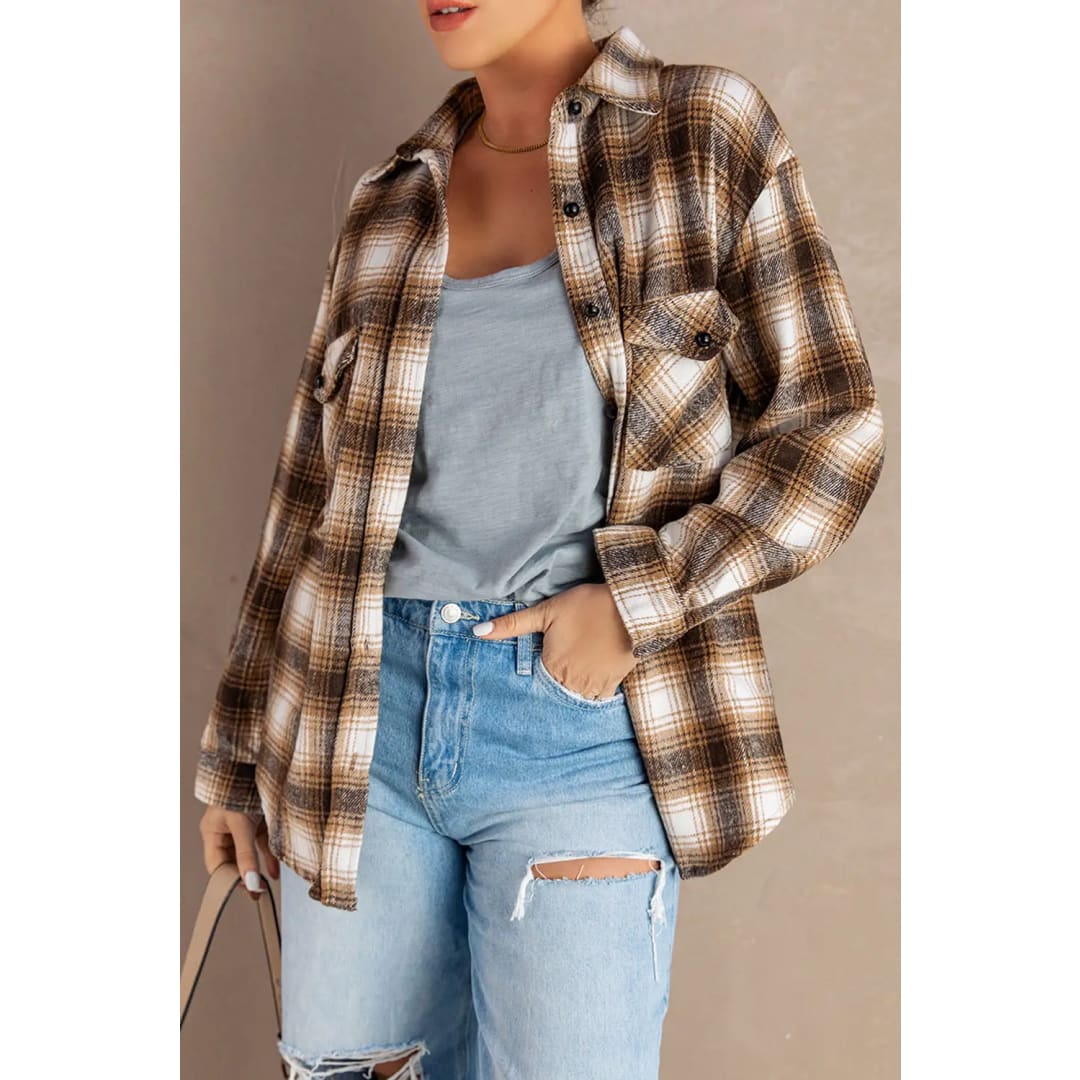 Brown Buttons Pocketed Plaid Shacket | Fashionfitz