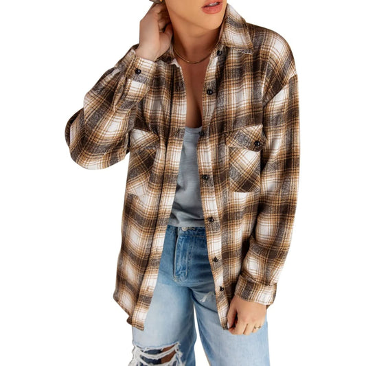 Brown Buttons Pocketed Plaid Shacket | Fashionfitz