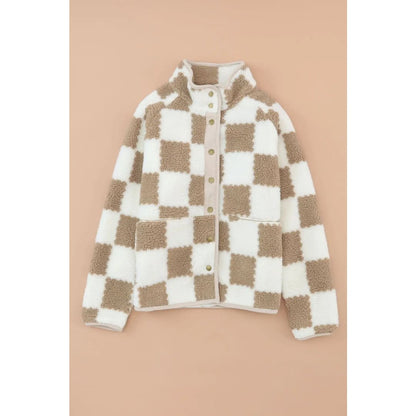 Brown Checked Snap Button Sherpa Jacket | Fashionfitz