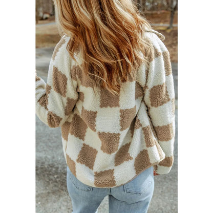 Brown Checked Snap Button Sherpa Jacket | Fashionfitz