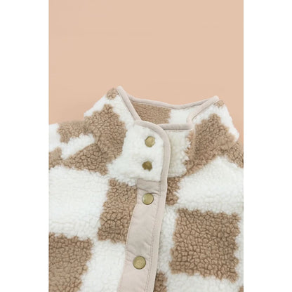 Brown Checked Snap Button Sherpa Jacket | Fashionfitz