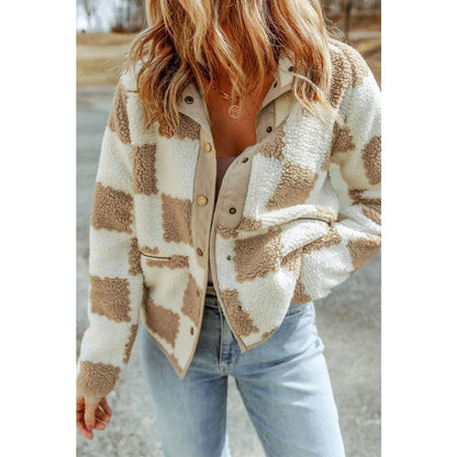 Brown Checked Snap Button Sherpa Jacket | Fashionfitz